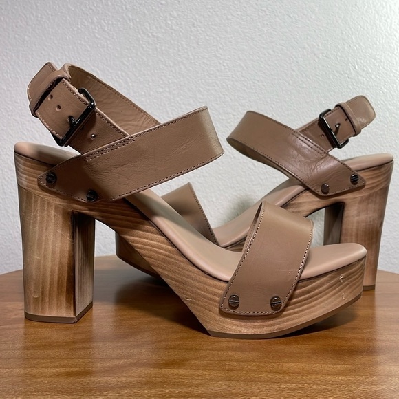Vince Wooden High Heel Leather Platform Sandals Beige Made in Italy 9M/39 - Picture 1 of 15
